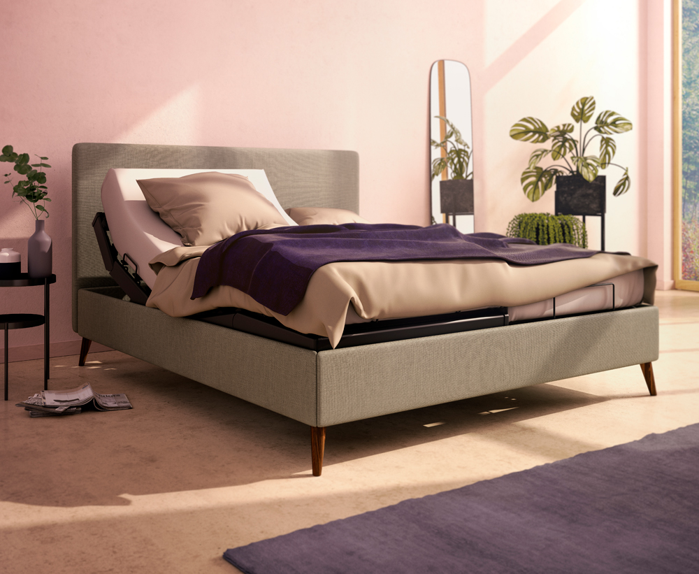 Cadre de lit Lattoflex en tissu gris taupe avec pieds en bois